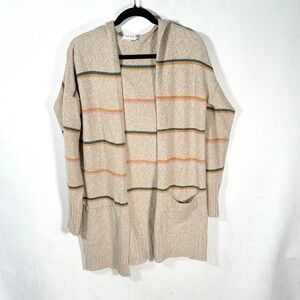 Pink Rose Striped Hooded Open Front Cardigan Sweater Women's Beige‎ M Cozy